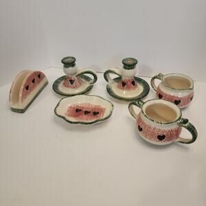 VINTAGE LOOMCO CHINA STONEWARE SIX PIECE SET WATERMELON SPONGE ART PATTERN